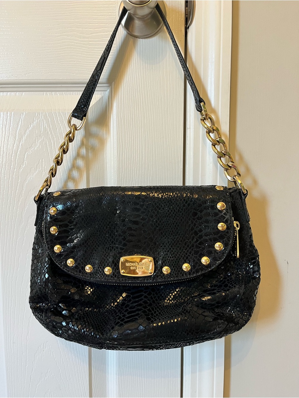 Michael Kors Black Snake-Embossed Shoulder Bag with Gold Hardware